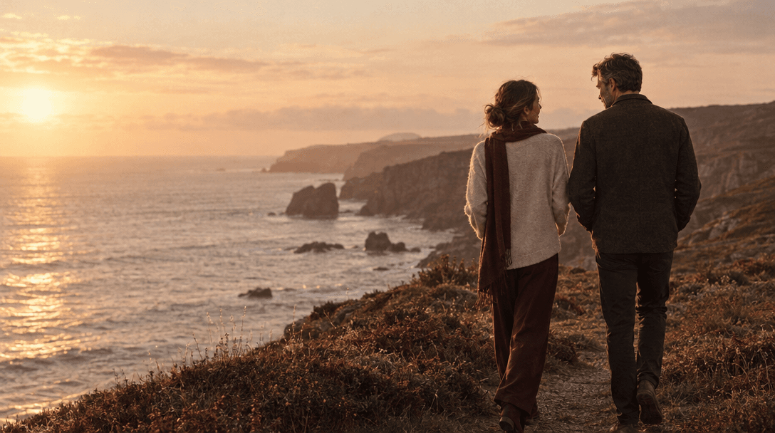 A couple walking together along a coastal path at golden hour